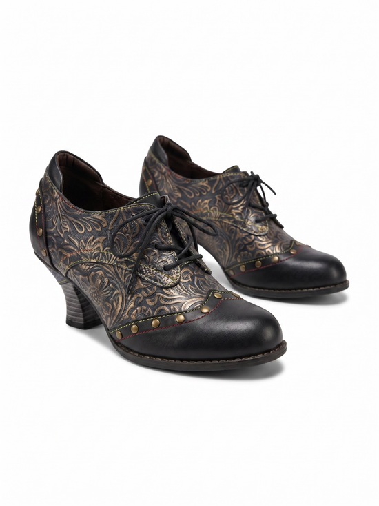 Socofy Shoes - Socofy Floral Embossed Leather Oxford Heels EU 37 Boho Art to Wear Lace Up Shoes